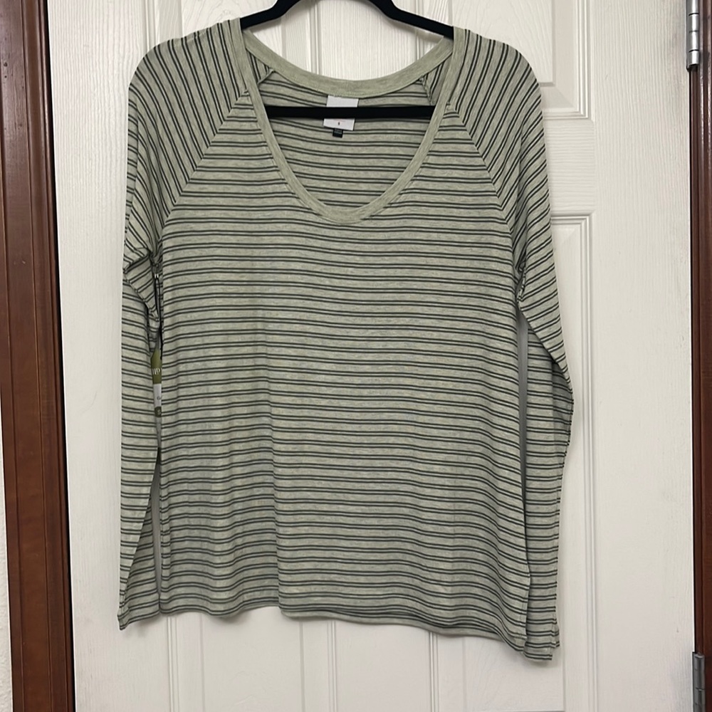 Olive Game Tee with horizontal Dark green stripes.